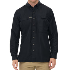 Man wearing Caviar black GameGuard Original long sleeve shirt with mesh vents, roll-up sleeves, GG logos, and a utility loop; built for sun protection and versatility.