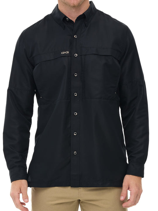 Man wearing Caviar black GameGuard Original long sleeve shirt with mesh vents, roll-up sleeves, GG logos, and a utility loop; built for sun protection and versatility.