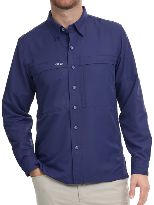 Indigo Explorer Shirt | Long Sleeve-GameGuard- man wearing blue shirt built for fishing and upf sun protection