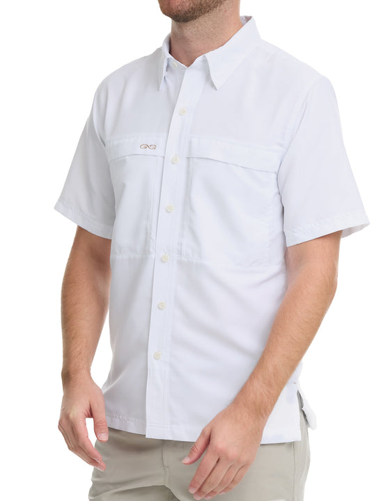 White Explorer Shirt-GameGuard- man wearing shirt built for the outdoors and sun protection