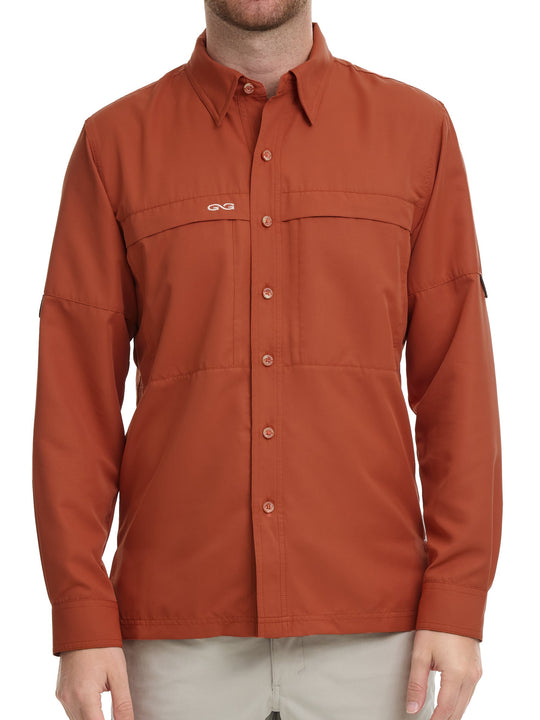 Copper Explorer Shirt | Long Sleeve-GameGuard - man wearing shirt built for hunting and hanging out with friends
