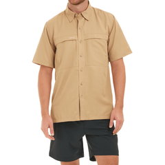 Man wearing a khaki short-sleeve shirt with button details on a white background