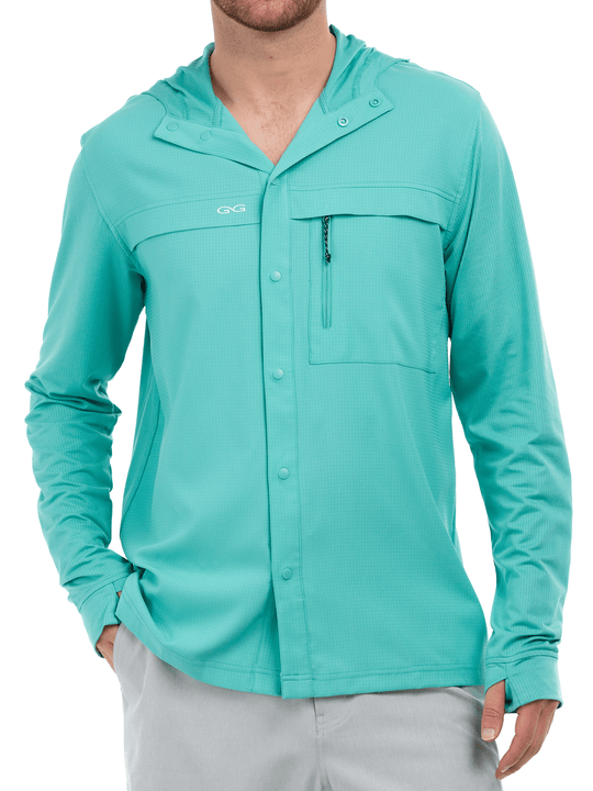 Teal long-sleeve shirt with hood on a white background