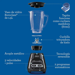 Licuadora Oster® con programas automáticos y tecnología reversible BLSTPYG1309B