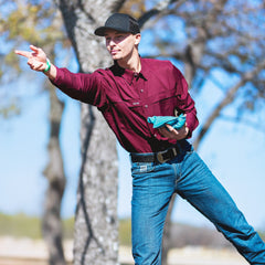 Maroon Explorer Shirt | Long Sleeve-GameGuard - man hanging out with friends outdoor with sun protection enjoying corn hole