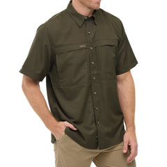 Man wearing Agave green GameGuard Original short sleeve shirt with mesh vents and chest pocketsbrugged, breathable, and great for hunting.