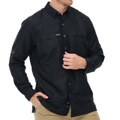 Man wearing Caviar black GameGuard Original long sleeve shirt with mesh vents, roll-up sleeves, GG logos, and a utility loop; built for sun protection and versatility.