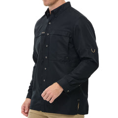 Man wearing Caviar black GameGuard Original long sleeve shirt with mesh vents, roll-up sleeves, GG logos, and a utility loop; built for sun protection and versatility.
