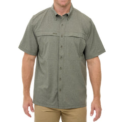 Agave MicroTek Shirt shown in a soft blue-green tone with matching buttons and tonal embroidered GG logo. Features include a vented back yoke, short sleeves, hidden zippered chest pockets, and a button-down collar. 