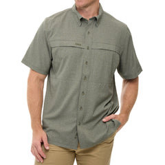Agave MicroTek Shirt shown in a soft blue-green tone with matching buttons and tonal embroidered GG logo. Features include a vented back yoke, short sleeves, hidden zippered chest pockets, and a button-down collar. 