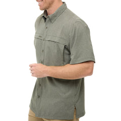 Agave MicroTek Shirt shown in a soft blue-green tone with matching buttons and tonal embroidered GG logo. Features include a vented back yoke, short sleeves, hidden zippered chest pockets, and a button-down collar. 