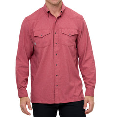 Crimson Pearl Snap Shirt | Long Sleeve. Textured crimson button-down shirt with two front flap pockets, pearl snaps, and a collar with GameGuard branding on buttons.