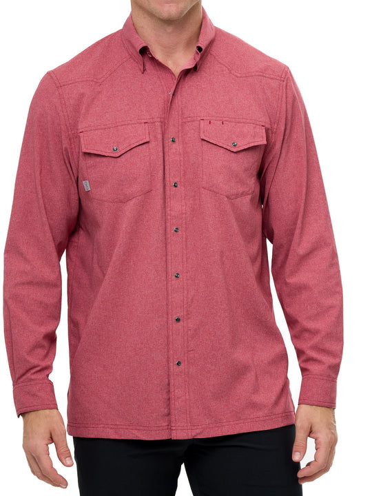 Crimson Pearl Snap Shirt | Long Sleeve. Textured crimson button-down shirt with two front flap pockets, pearl snaps, and a collar with GameGuard branding on buttons.