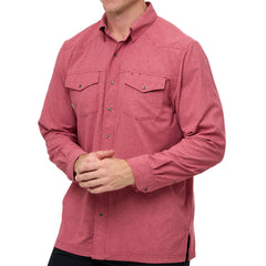 Crimson Pearl Snap Shirt | Long Sleeve. Textured crimson button-down shirt with two front flap pockets, pearl snaps, and a collar with GameGuard branding on buttons.