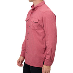 Crimson Pearl Snap Shirt | Long Sleeve. Textured crimson button-down shirt with two front flap pockets, pearl snaps, and a collar with GameGuard branding on buttons.