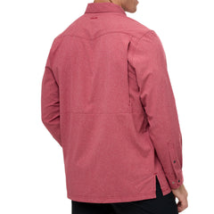 Crimson Pearl Snap Shirt | Long Sleeve. Textured crimson button-down shirt with two front flap pockets, pearl snaps, and a collar with GameGuard branding on buttons.