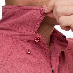Crimson Pearl Snap Shirt | Long Sleeve. Textured crimson button-down shirt with two front flap pockets, pearl snaps, and a collar with GameGuard branding on buttons.