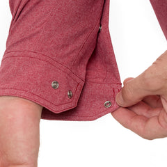 Crimson Pearl Snap Shirt | Long Sleeve. Textured crimson button-down shirt with two front flap pockets, pearl snaps, and a collar with GameGuard branding on buttons.