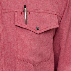Crimson Pearl Snap Shirt | Long Sleeve. Textured crimson button-down shirt with two front flap pockets, pearl snaps, and a collar with GameGuard branding on buttons.