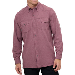 A man models a long sleeve pearl snap shirt in a rich maroon hue with soft texture. Includes two chest pockets with pearl snap closures and a discrete pen slot. Shirt features matching maroon snaps, subtle western yoke stitching, and the "GG" logo at the back. Shown styled with black pants in front, side, back, and close-up views of collar, cuff snaps, and pocket detail.