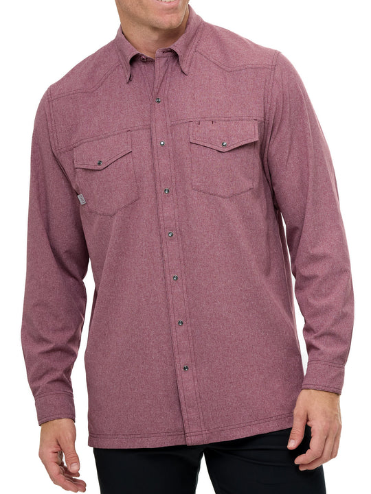 A man models a long sleeve pearl snap shirt in a rich maroon hue with soft texture. Includes two chest pockets with pearl snap closures and a discrete pen slot. Shirt features matching maroon snaps, subtle western yoke stitching, and the "GG" logo at the back. Shown styled with black pants in front, side, back, and close-up views of collar, cuff snaps, and pocket detail.
