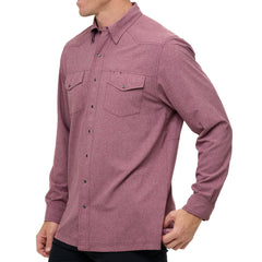 A man models a long sleeve pearl snap shirt in a rich maroon hue with soft texture. Includes two chest pockets with pearl snap closures and a discrete pen slot. Shirt features matching maroon snaps, subtle western yoke stitching, and the "GG" logo at the back. Shown styled with black pants in front, side, back, and close-up views of collar, cuff snaps, and pocket detail.