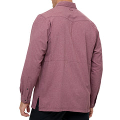 A man models a long sleeve pearl snap shirt in a rich maroon hue with soft texture. Includes two chest pockets with pearl snap closures and a discrete pen slot. Shirt features matching maroon snaps, subtle western yoke stitching, and the "GG" logo at the back. Shown styled with black pants in front, side, back, and close-up views of collar, cuff snaps, and pocket detail.
