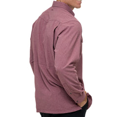 A man models a long sleeve pearl snap shirt in a rich maroon hue with soft texture. Includes two chest pockets with pearl snap closures and a discrete pen slot. Shirt features matching maroon snaps, subtle western yoke stitching, and the "GG" logo at the back. Shown styled with black pants in front, side, back, and close-up views of collar, cuff snaps, and pocket detail.