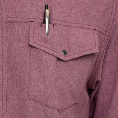 A man models a long sleeve pearl snap shirt in a rich maroon hue with soft texture. Includes two chest pockets with pearl snap closures and a discrete pen slot. Shirt features matching maroon snaps, subtle western yoke stitching, and the "GG" logo at the back. Shown styled with black pants in front, side, back, and close-up views of collar, cuff snaps, and pocket detail.
