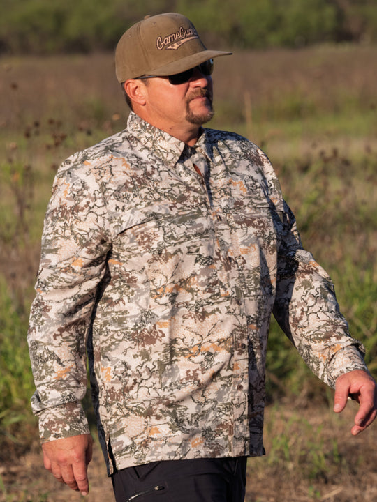 GameGuard Digital Explorer Shirt | Long Sleeve-GameGuard- man hunting in the woods, during a dove hunt, blending in with the brush and staying protected against the sun